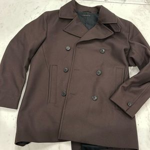 Theory men pea coat dark red rust brown color size L wool rarely worn